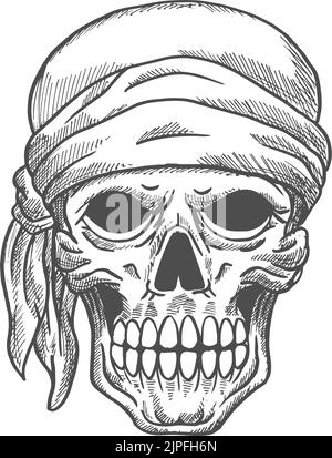 Crâne pirate dans bandana isolé squelette humain tête esquisse. Vecteur symbole de la mort de marin Illustration de Vecteur