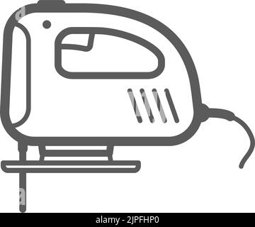 Icône de contour isolé de la scie sauteuse électrique. Scie électrique vectorielle, artisanat professionnel et outil de coupe du bois, symbole linéaire monochrome. Appareil de découpe du bois et des planches, instrument de dessin au trait Illustration de Vecteur