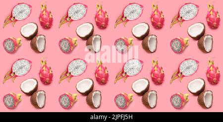 Beaucoup de savoureux fruits de dragon et noix de coco sur fond rose. Motif pour la conception Banque D'Images