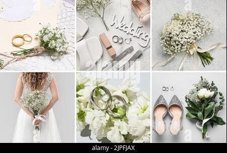 Beau collage de mariage avec jeune mariée, bouquets, anneaux et accessoires Banque D'Images