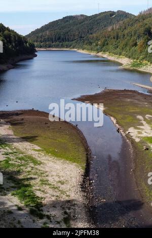 Bad Lauterberg, Allemagne. 17th août 2022. Vue sur le réservoir d'Oder dans les montagnes Harz. Selon le Harzwasserwerke, les réservoirs d'eau potable des monts Harz sont remplis à 66 pour cent. L'approvisionnement pour l'année en cours est ainsi assuré. Credit: Swen Pförtner/dpa/Alay Live News Banque D'Images