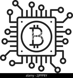 Icône de contour isolé de la chaîne minière Bitcoin du centre de données de crypto-monnaie. Bloc carré vectoriel connecté par circuits, transactions cryptographiques, commerce et investissement. Échange d'argent numérique, centre de données Illustration de Vecteur