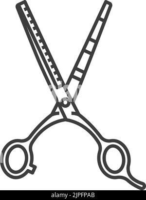 Icône de contour isolée des ciseaux de coupe de cheveux à dents rétro. Vector professionnel barber accessoire pour couper les cheveux, instrument de barbershop. Vieux ciseaux d'argent à moitié ouvert, art de ligne d'outil de coupe de coiffure Illustration de Vecteur