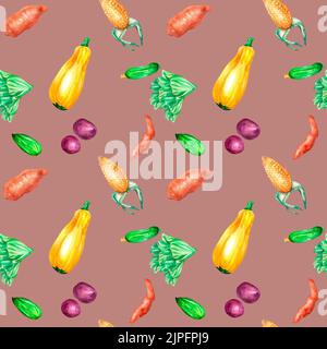 Variété de légumes colorés aquarelle motif sans couture sur rose. Pommes de terre, courges, concombres, feuilles de légumes, courgettes peintes à la main. Légumes f Banque D'Images