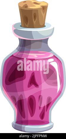 Flacon fermé par un bouchon avec un poison violet isolé. Vecteur magie élixir, potion toxique, Halloween crâne Illustration de Vecteur