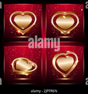 Lot de 3D icônes coeur en or réalistes avec fond rouge et paillettes..symbole romantique de Love Illustration de Vecteur