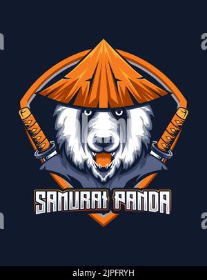 Samouraï Panda mascotte avec chapeau de paille et épée pour e-sport jeu logo vector design Illustration de Vecteur