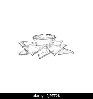 Plat Tex-Mex totopos nachos isolés, saladier monochrome dessin main. Vector mexico cuisine snack, hors-d'œuvre au fromage fondu, fingerfood. Triangle cuisine mexicaine en-cas, plat Tex-Mex totopos Illustration de Vecteur