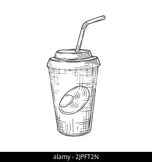 Gobelet à emporter au cola avec couvercle et icône en forme de paille monochrome. Boisson à emporter Vector cola, milkshake ou jus fastfood, verre avec couvercle et paille. Boisson à emporter, café glacé dans la rue Illustration de Vecteur