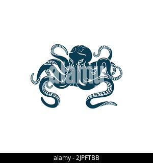 Animal marin Octopus isolé huit membres mollusques icône monochrome. Créature vecteur sous-marine à corps mou, mascotte nautique. Trophée du sport de pêche , pieuvre de fruits de mer avec tentacules et sucer Illustration de Vecteur