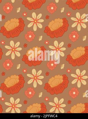 Motif rétro sans couture avec fleurs groovy rouges sur fond sombre et décoration mitsy. Texture hippie avec différentes fleurs. Motif floral vectoriel Illustration de Vecteur