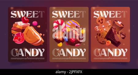 Affiches de dessin animé sucrée avec desserts de boulangerie, chocolat, bonbons, praline de chocolat, garniture de noix ou de cacao, caramel, biscuits croustillants et assortiment de pâtisseries d'homme de pain d'épice de Noël, bannières de promotion Vector Illustration de Vecteur