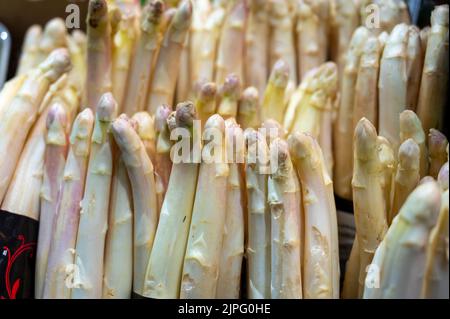 Petits pains d'asperges blanches à vendre sur le marché, aliments de saison, gros plan Banque D'Images