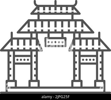 Entrée avec icône représentant une porte chinoise, coréenne ou japonaise isolée sur le toit. Bâtiment asiatique rétro Vector, ancienne entrée de temple oriental. Porte de Chinatown, pavillon au design art de la ligne Illustration de Vecteur