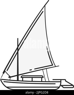 Bateau égyptien, ancienne Égypte felucca avec voiles, icône de ligne vectorielle. L'Égypte antique symbole de la culture et de l'histoire du bateau de feloucca en bois, voile de mer Méditerranée Illustration de Vecteur