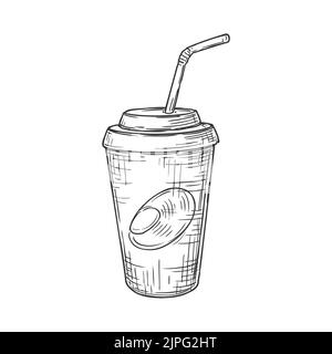 Gobelet à emporter au cola avec couvercle et icône en forme de paille monochrome. Boisson à emporter Vector cola, milkshake ou jus fastfood, verre avec couvercle et paille. Boisson à emporter, café glacé dans la rue Illustration de Vecteur