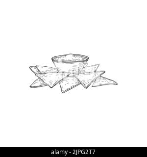 Plat Tex-Mex totopos nachos isolés, saladier monochrome dessin main. Vector mexico cuisine snack, hors-d'œuvre au fromage fondu, fingerfood. Triangle cuisine mexicaine en-cas, plat Tex-Mex totopos Illustration de Vecteur