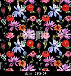 Fleur aquarelle, motif sans couture avec fleurs d'été, pansies, zinnia, camomille, peinture botanique sur fond sombre, dessiné à la main, stock illust Banque D'Images