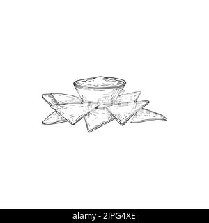 Plat Tex-Mex totopos nachos isolés, saladier monochrome dessin main. Vector mexico cuisine snack, hors-d'œuvre au fromage fondu, fingerfood. Triangle cuisine mexicaine en-cas, plat Tex-Mex totopos Illustration de Vecteur