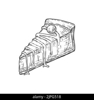 Cheesecake avec garniture de sucre et icône de dessin monochrome isolée de baies. Gâteau vectoriel, gâteau aux fruits ou tarte à la confiture, en-cas crémeux au caramel. Gâteau de tiramisu, portion de pâtisserie, boulangerie d'anniversaire Illustration de Vecteur