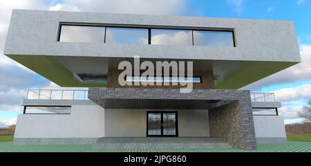 Design concept d'une maison futuriste. Garniture de porche en ardoise grise. Marches concrètes. Balustrades de verre sur la terrasse couverte. 3d rendu. Banque D'Images