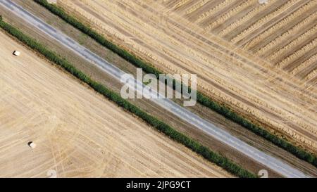 Vue aérienne des balles de foin dans le champ de l'agriculteur Banque D'Images