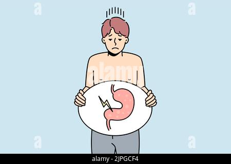 Un homme malsain souffre d'un problème d'indigestion. Mécontent malade gars tenant l'image de la lutte d'organe de corps malade avec le stomachache. Concept de soins de santé. Illustration vectorielle. Illustration de Vecteur