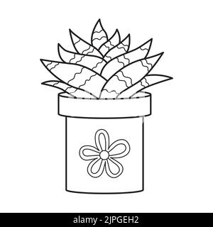 Vecteur contour aloe dans pot. Plante succulente intérieure avec des feuilles charnues. Usine de maison pour la maison et l'intérieur. Nain botanique linéaire noir et blanc illu Illustration de Vecteur