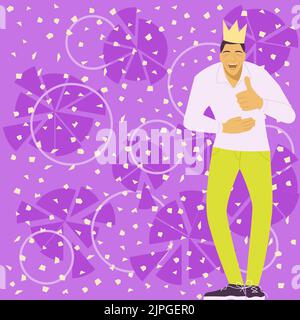 Homme sportif avec couronne sur la tête riant tenant l'estomac et montrant le signe OK. Homme souriant et affichant un symbole avec un doigt. Guy ayant des Thumbs Illustration de Vecteur