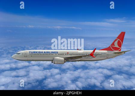 Boeing 737 MAX 9 de Turkish Airlines à mi-vol. Enregistrement d'aéronef TC-LYA. Banque D'Images