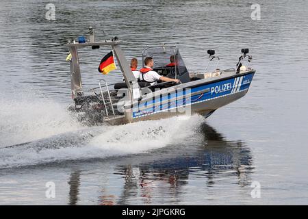 12 août 2022, Saxe-Anhalt, Schönebeck : un bateau de la police des eaux (WSP 31) navigue en amont sur l'Elbe près de Schönebeck. Malgré un manque d'eau et un manque partiel de navigation, les policiers patrouillent. Photo: Peter Gercke/dpa Banque D'Images