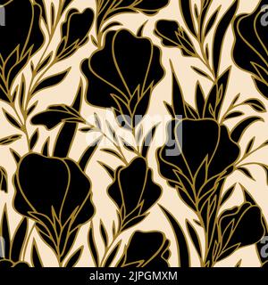 motif sans couture de grands boutons de fleurs noires avec un contour doré sur un fond beige, texture florale brillante, design Banque D'Images