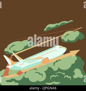 Décollage de l'avion en laissant la flèche derrière et en présentant un message important. Avion volant dans le ciel et montrant des informations de crutial. Nouvelles idées présentées. Illustration de Vecteur