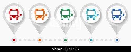 Écologie, icônes vectorielles de concept de bus électrique, modèle d'infographie facile à modifier, jeu de pointeurs plats colorés pour la conception Web et l'application mobile Illustration de Vecteur