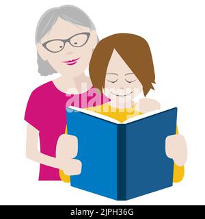 grand-mère et petit-fils appréciant la lecture d'un livre ensemble. Fichier EPS disponible Illustration de Vecteur