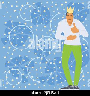 Homme sportif avec couronne sur la tête riant tenant l'estomac et montrant le signe OK. Homme souriant et affichant un symbole avec un doigt. Guy ayant des Thumbs Illustration de Vecteur