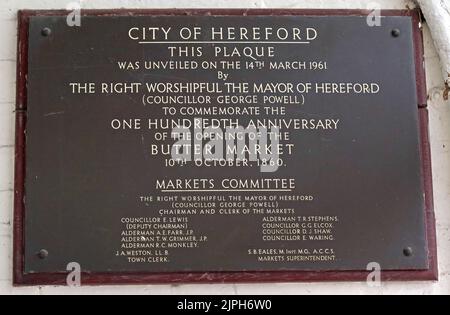 14th mars 1961 - la ville de Hereford 100th anniversaire Butter Market plaque Banque D'Images