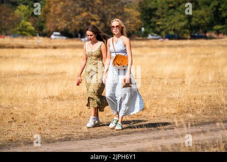 Wimbledon Londres, Royaume-Uni. 18 août 2022 . Deux femmes bénéficiant du soleil de l'après-midi sur un Wimbledon Common, dans le sud-ouest de Londres, une sécheresse a été déclarée par l'agence britannique pour l'environnement et Thames Water a annoncé une interdiction de l'hosépipe affectant 10 millions de clients dans le sud de l'Angleterre . Credit. amer ghazzal/Alamy Live News Banque D'Images