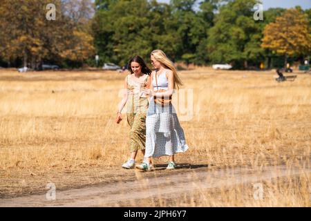 Wimbledon Londres, Royaume-Uni. 18 août 2022 . Deux femmes bénéficiant du soleil de l'après-midi sur un Wimbledon Common, dans le sud-ouest de Londres, une sécheresse a été déclarée par l'agence britannique pour l'environnement et Thames Water a annoncé une interdiction de l'hosépipe affectant 10 millions de clients dans le sud de l'Angleterre . Credit. amer ghazzal/Alamy Live News Banque D'Images