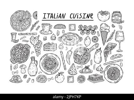 Ensemble vectoriel d'illustrations dessinées à la main de la cuisine italienne. Illustration de Vecteur