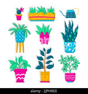 Plantes d'intérieur en pots - ensemble d'icônes de style plat Illustration de Vecteur
