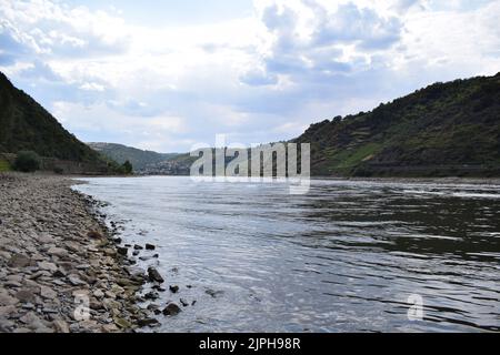 Les récifs dans le Rhin au sud de Loreley, dans la sécheresse des roches dangereuses au-dessus de la ligne d'eau, mais encore difficile à voir dans la même couleur comme les roches de rivage Banque D'Images