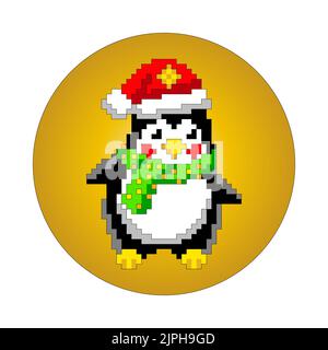 Pingouin de Noël dans un chapeau et une écharpe. Élément de conception de pixels. Image vectorielle. Banque D'Images