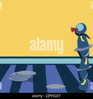 Des robots se tenant les uns au-dessus des autres et présentant des messages importants avec Megaphone. Robots montrant des informations de base. Idées critiques affichées. Illustration de Vecteur