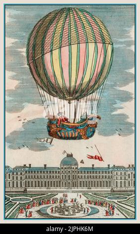 Illustration ancienne Premier vol en montgolfière à hydrogène. France EXPENCE du globe terrestre du MM. Charles et Robert au jardin des Thuileries le 1er décembre 1783, A Paris : Chez Esnauts et Rapilly, rue Saint-Jacques, à la ville de Coutances, [1783] Jacques Alexandre César Charles et Nicolas-Louis Robert pilotant dans la gondole d'un ballon montant du jardin des Tuileries, Paris, France, 1 décembre 1783 lors du premier vol en montgolfière à hydrogène. «Premier voyage aérien exposé dans un aérostat à gaz dihydrogène par Jacques Alexandre César Charles et Nicolas-Louis Robert» Banque D'Images