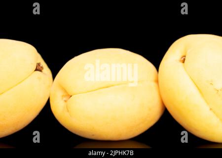 Trois abricots jaune vif juteux à l'ananas, macro, isolés sur fond noir. Banque D'Images