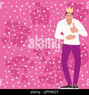 Homme sportif avec couronne sur la tête riant tenant l'estomac et montrant le signe OK. Homme souriant et affichant un symbole avec un doigt. Guy ayant des Thumbs Illustration de Vecteur