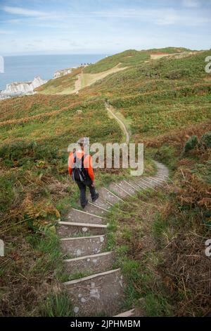 Une femme dans un petit sac à dos descend quelques marches sur un sentier de randonnée dans le Devon Angleterre Banque D'Images