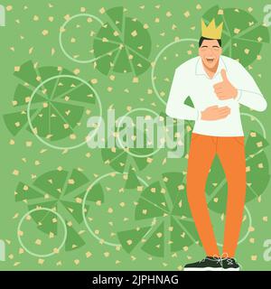 Homme sportif avec couronne sur la tête riant tenant l'estomac et montrant le signe OK. Homme souriant et affichant un symbole avec un doigt. Guy ayant des Thumbs Illustration de Vecteur