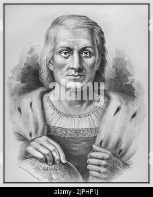 Christopher Columbus Portrait d'époque Discoverer of America 1492. 1890s Lithographie de Currier & Ives, d'une peinture d'Emilie Chaese. Banque D'Images